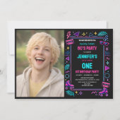 Invitation Modern Retro Neon 80’s 1st Birthday Party (Devant)