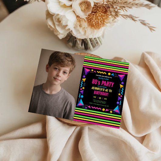 Invitation Modern Retro Neon 80's Birthday Party