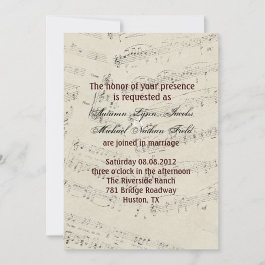 Invitation Modern Romantic Music note Mariage musical (Dos)
