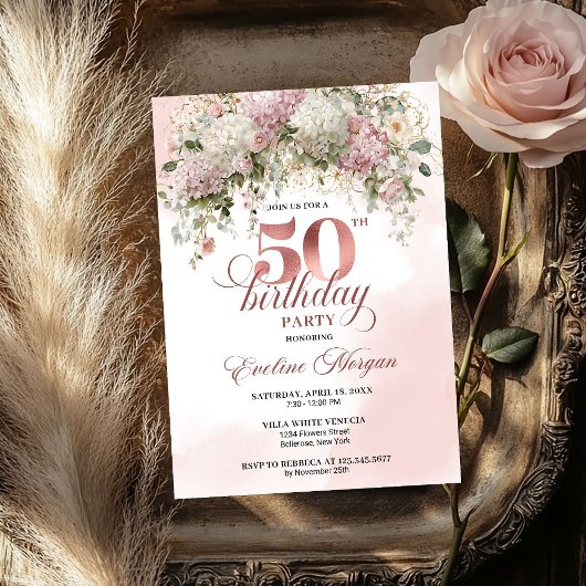 Invitation Modern Rose Gold Blush Flowers 50th Birthday