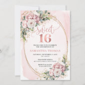 Invitation Modern Rose Gold Flowers Eucalyptus 16th Birthday (Devant)