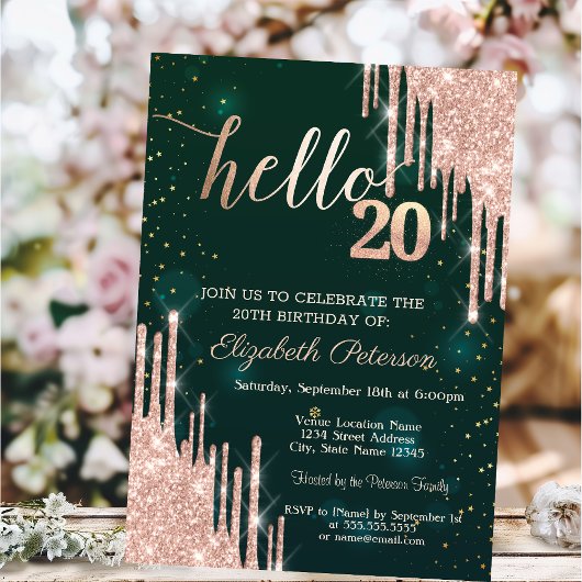 Invitation Modern Rose Gold Glitter Drips Green 20th Birthday