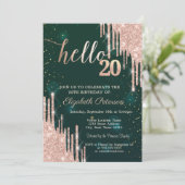Invitation Modern Rose Gold Glitter Drips Green 20th Birthday (Debout devant)