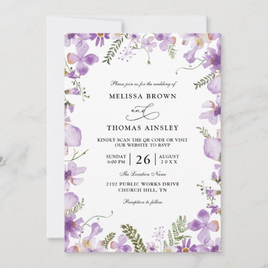Invitation Modern Rustic Purple Flower Budget QR Code Wedding (Devant)