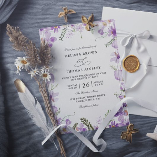 Invitation Modern Rustic Purple Flower Budget QR Code Wedding