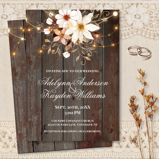 Invitation Modern Rustic Wood Floral Lights Wedding 