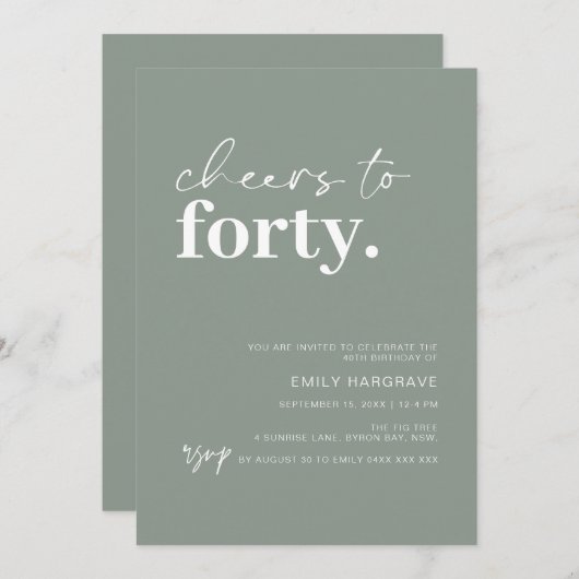 Invitation Modern Sage encourage à 40 fête d'anniversaire (Devant / Derrière)