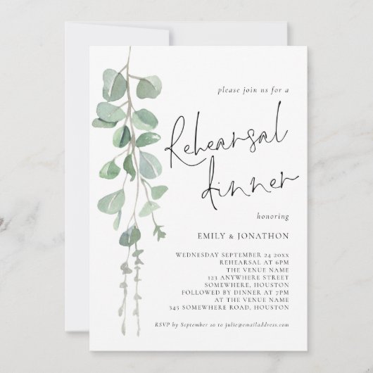 Invitation Modern Sage Eucalyptus Script Rehearsal Dinner (Devant)