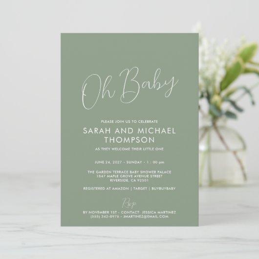 Invitation Modern Sage Green Baby Shower Elegant Script (Debout devant)