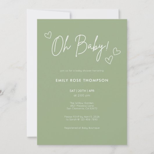 Invitation Modern Sage Green Baby Shower Minimal Script (Devant)