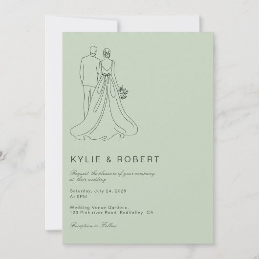 Invitation Modern Sage Green Bride & Groom Sketch Wedding (Devant)