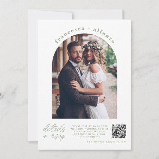 Invitation Modern Sage Green Détails RSVP QR Photo Mariage (Dos)