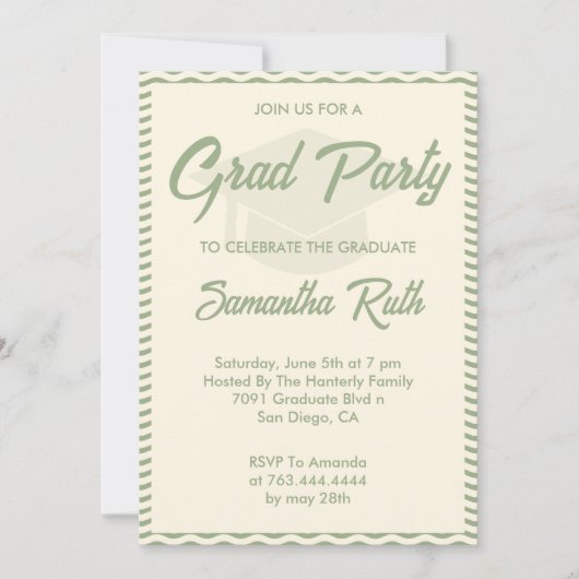 Invitation Modern Sage Green Wavy Stripe Graduation Party (Devant)