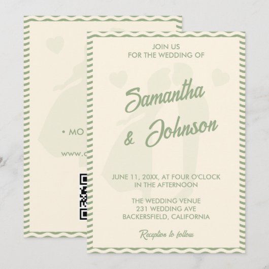 Invitation Modern Sage Green Wavy Stripe QR Code Wedding (Devant / Derrière)