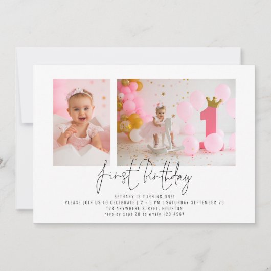Invitation Modern Script 2 Photo Première fête d'anniversaire (Devant)