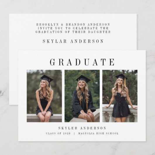 Invitation Modern Script 3 Photo Collage Graduation  (Devant / Derrière)
