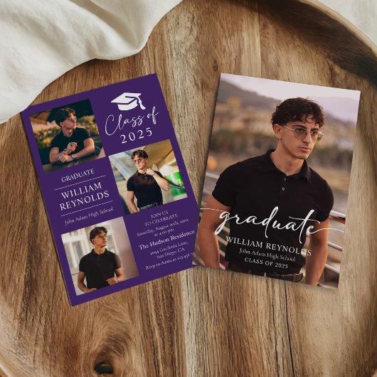 Invitation Modern Script 4 Photo Collage Party Graduation
