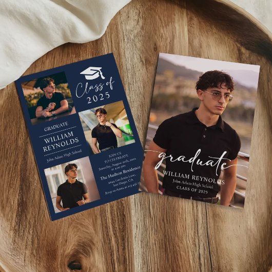 Invitation Modern Script 4 Photo Collage Party Graduation