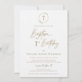 Invitation Modern Script Baptism and 1st Birthday Green Gold  (Devant)