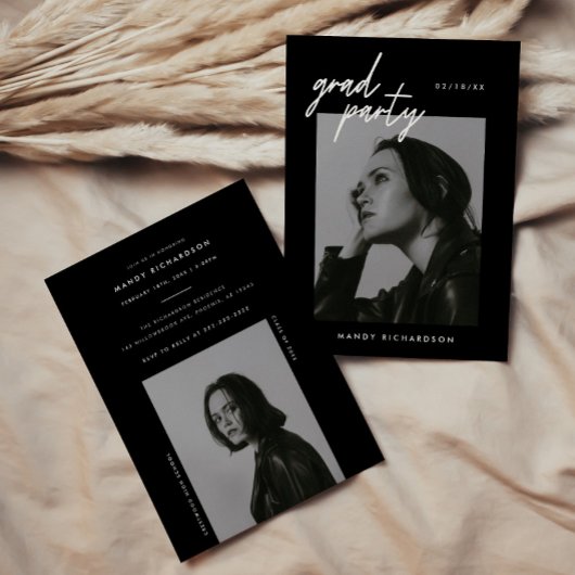 Invitation Modern Script Black 2-Photo Graduation Party