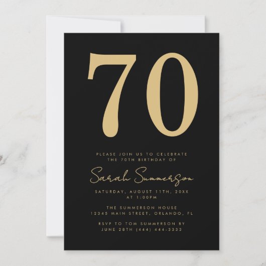 Invitation Modern Script Black Gold Seventy 70th Birthday (Devant)