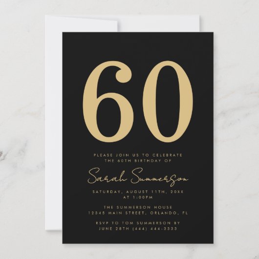 Invitation Modern Script Black Gold Sixty 60th Birthday Party (Devant)