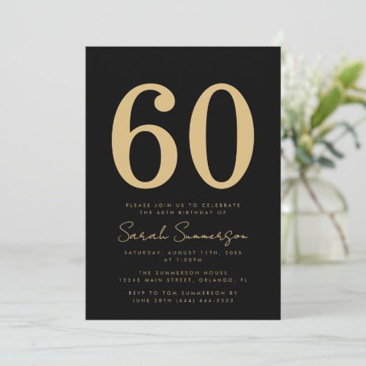 Invitation Modern Script Black Gold Sixty 60th Birthday Party (Debout devant)