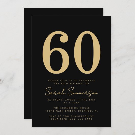 Invitation Modern Script Black Gold Sixty 60th Birthday Party (Devant / Derrière)