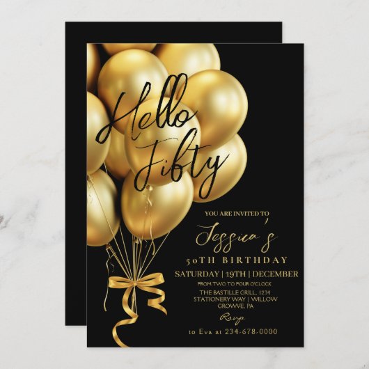 Invitation Modern Script Black Hello Fifty Birthday (Devant / Derrière)