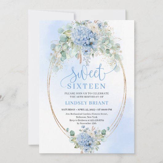 Invitation Modern Script Blue Hydrangeas Sweet Sixteen Invite (Devant)