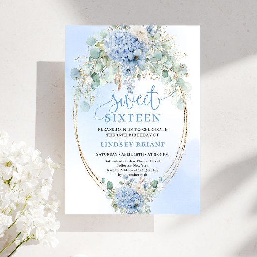 Invitation Modern Script Blue Hydrangeas Sweet Sixteen Invite