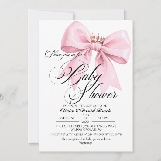 Invitation Modern Script Bow Pink Baby Shower (Devant)