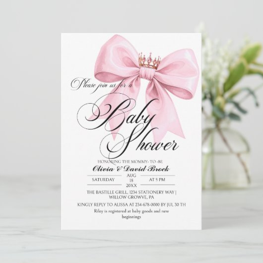 Invitation Modern Script Bow Pink Baby Shower (Debout devant)