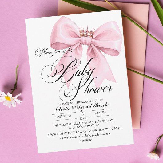 Invitation Modern Script Bow Pink Baby Shower