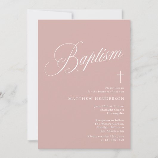 Invitation Modern Script Dusty Pink Girl Baptism (Devant)
