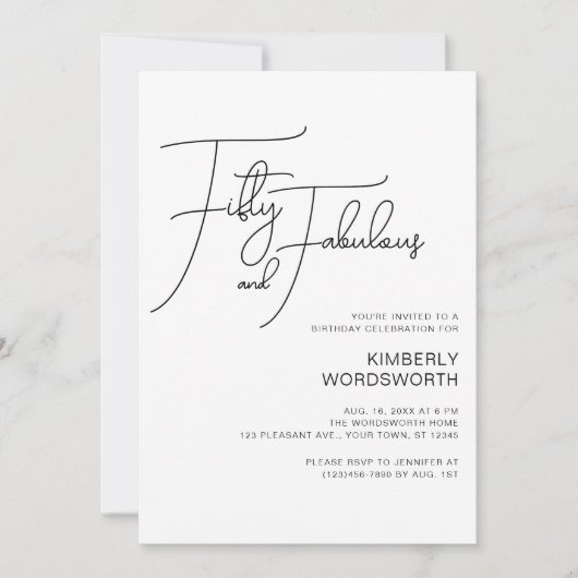 Invitation Modern Script Fifty and Fabulous 50th Birthday (Devant)