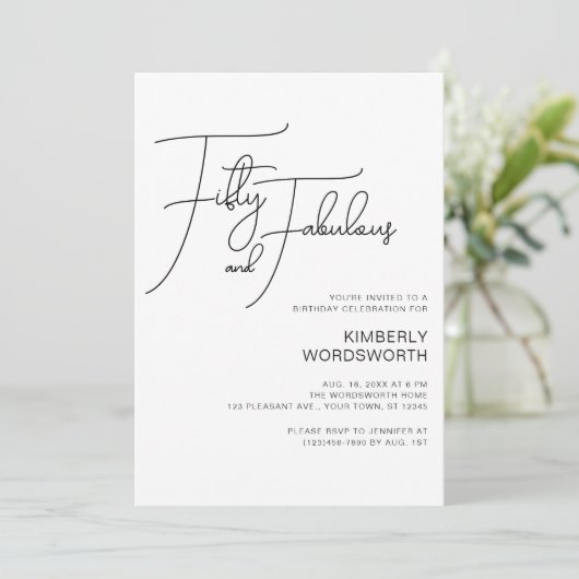 Invitation Modern Script Fifty and Fabulous 50th Birthday (Debout devant)