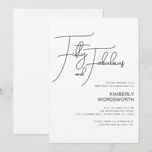 Invitation Modern Script Fifty and Fabulous 50th Birthday (Devant / Derrière)