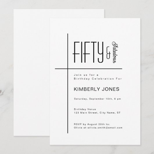 Invitation Modern Script Fifty & Fabulous 50th Birthday Party (Devant / Derrière)