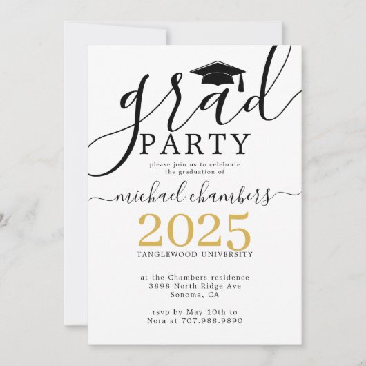 Invitation Modern Script Gold Black Graduation Party Invitati (Devant)