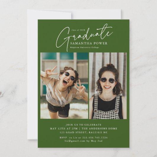 Invitation Modern Script Graduate 2 Photos Graduation Party (Devant)