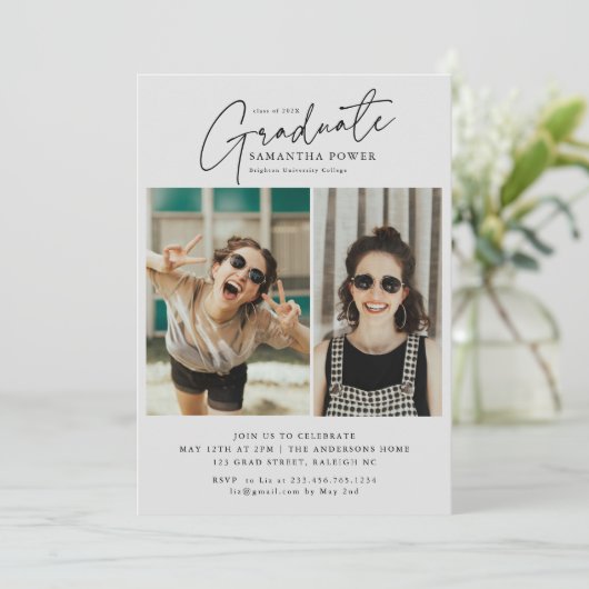 Invitation Modern Script Graduate 2 Photos Graduation Party (Debout devant)