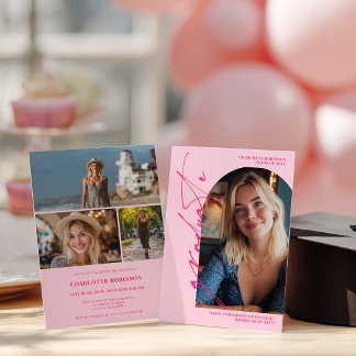 Invitation  Modern Script neon pink graduate photo graduation