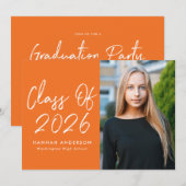 Invitation Modern Script Orange Photo Graduation Party (Devant / Derrière)
