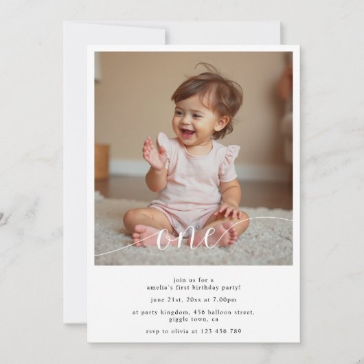 Invitation Modern Script Overlay Baby's First Birthday Photo (Devant)