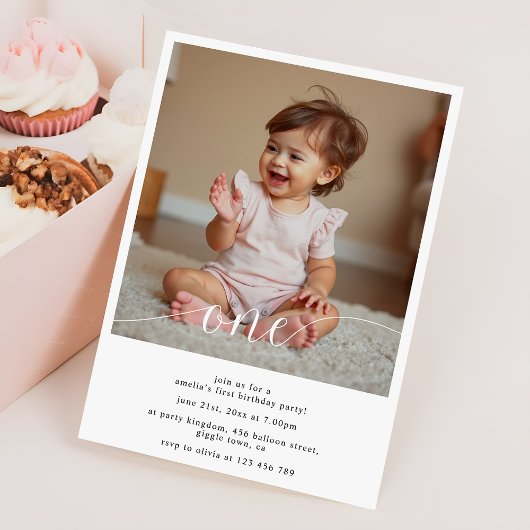 Invitation Modern Script Overlay Baby's First Birthday Photo