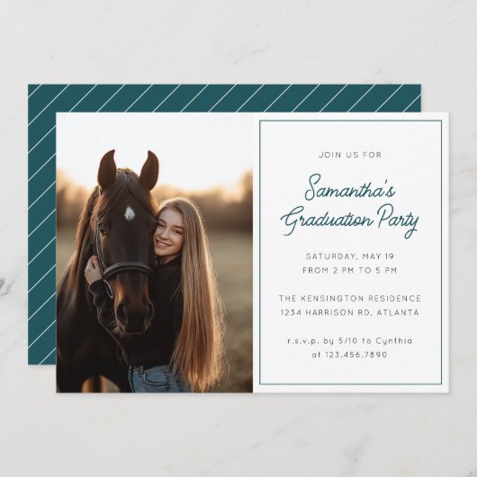 Invitation Modern Script Photo Turquoise Graduation Party (Devant / Derrière)