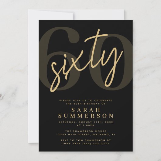 Invitation Modern Script Sixty Black Gold 60th Birthday Party (Devant)