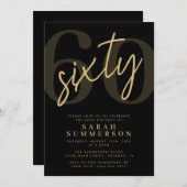 Invitation Modern Script Sixty Black Gold 60th Birthday Party (Devant / Derrière)