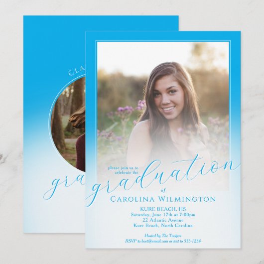 Invitation Modern Script Sky Blue Ombre Photo Graduation (Devant / Derrière)